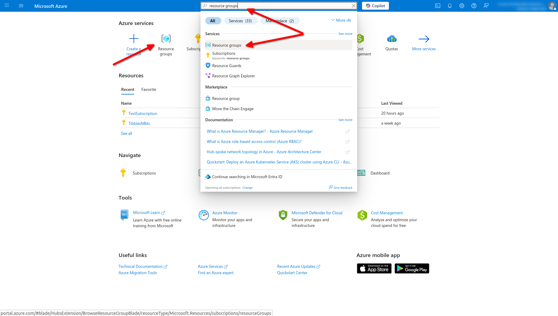 image of the Azure portal landing page with arrows pointing to the Resource Group icon and the results of searching for "Resource Group" in the search box