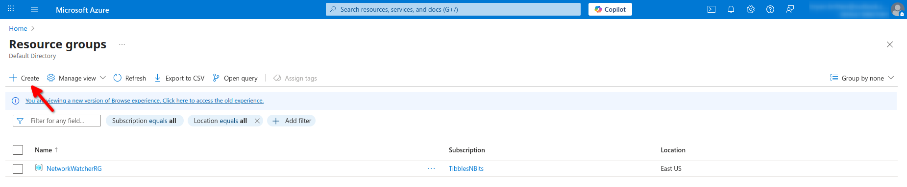image of the Resource Group landing page with an arrow pointing to the button labeled "create"
