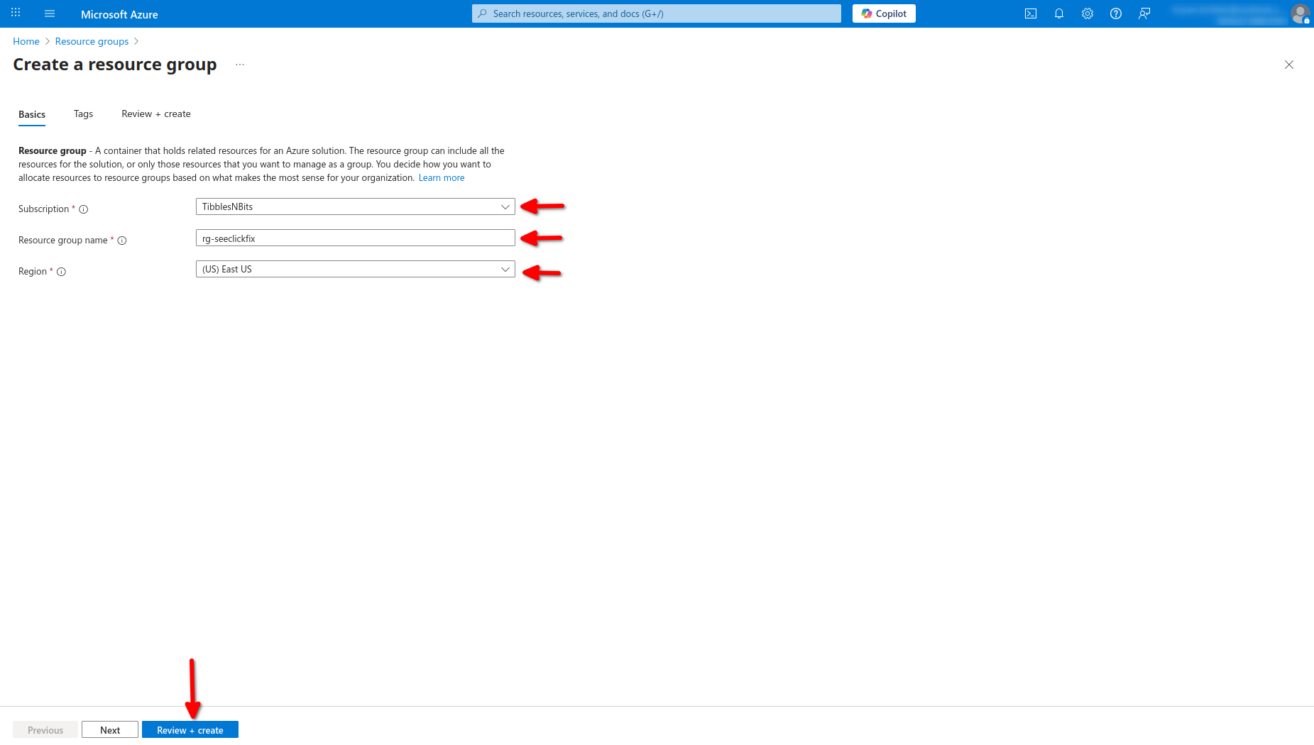 image of the Resource Group creation page with arrows pointing to the three fields that need to be populated and the submit button