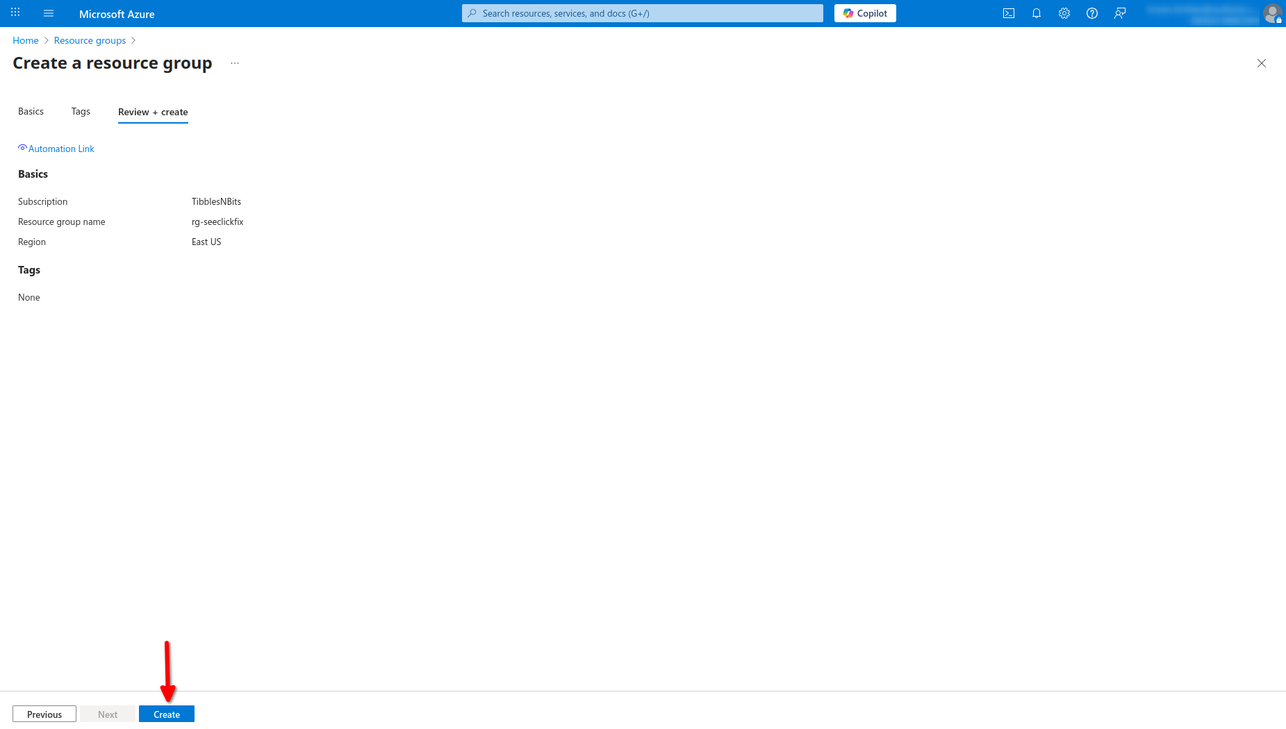 image of the Resource Group creation summary screen