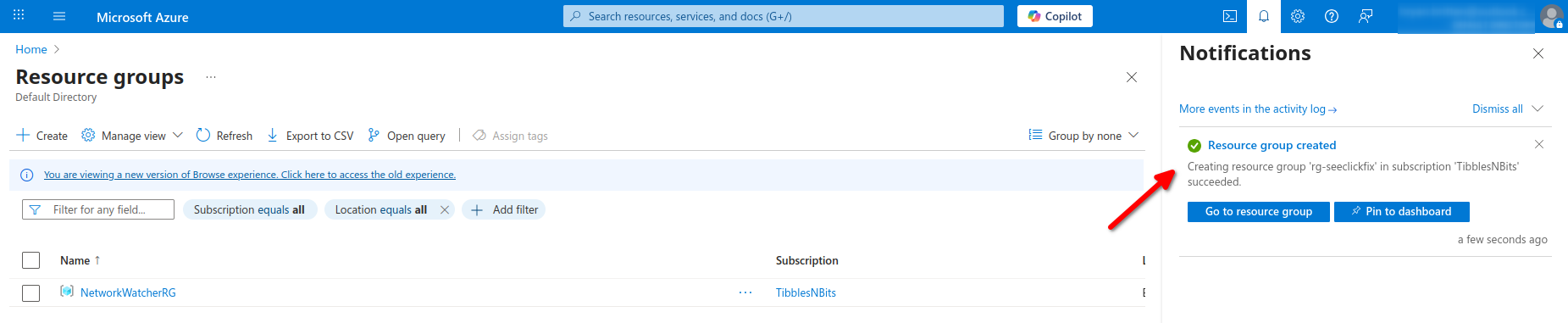 image of the Resource Group landing with the Notifications panel opened and an arrow pointing to a message that says the Resource Group has been successfully created