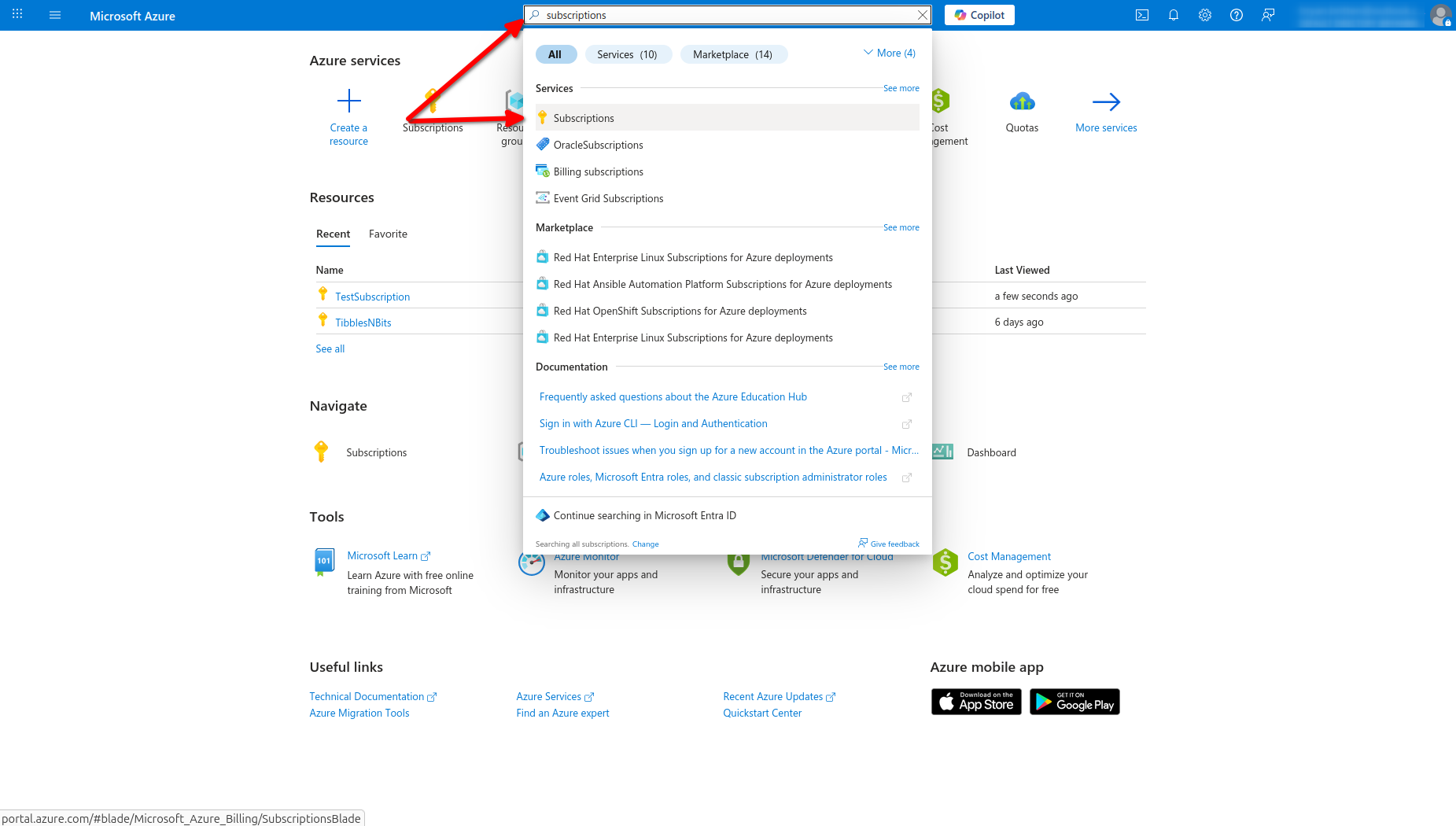image of the Azure portal landing page with the word subscriptions typed into the search box