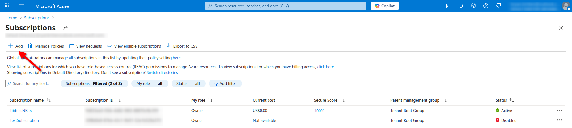 image of the Subscription resource page with an arrow pointing to the button labeled add