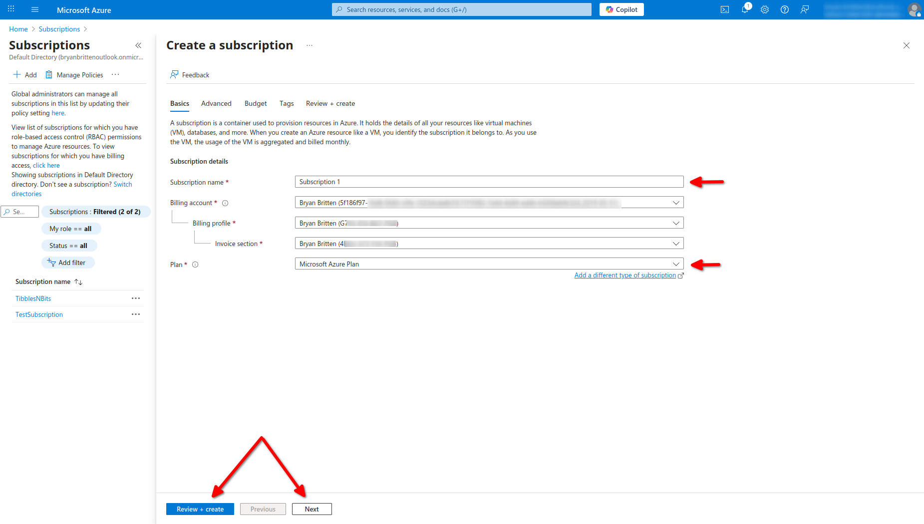 image of the new Subscription page with arrows highlighting the fields to be populated and the submit buttons