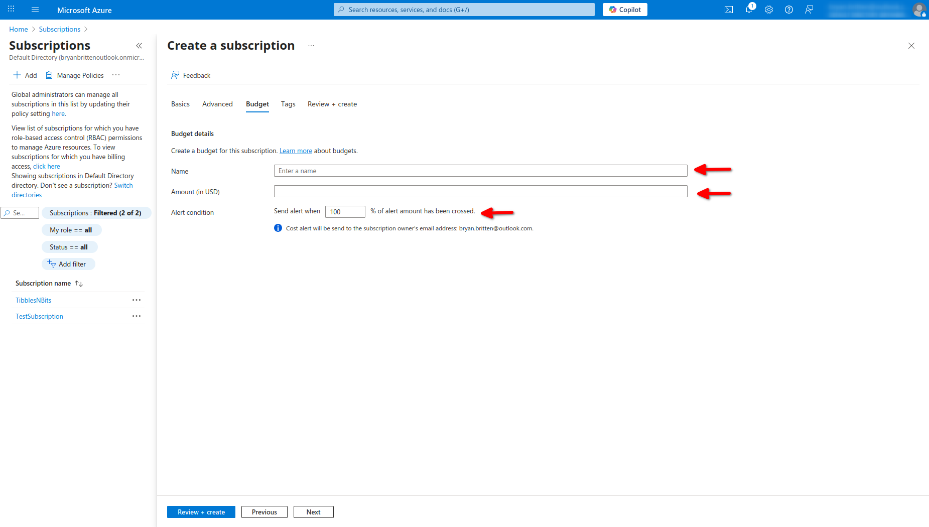 image of the Budget tab on the new Subscription screen with arrows pointing to the fields that need to be populated