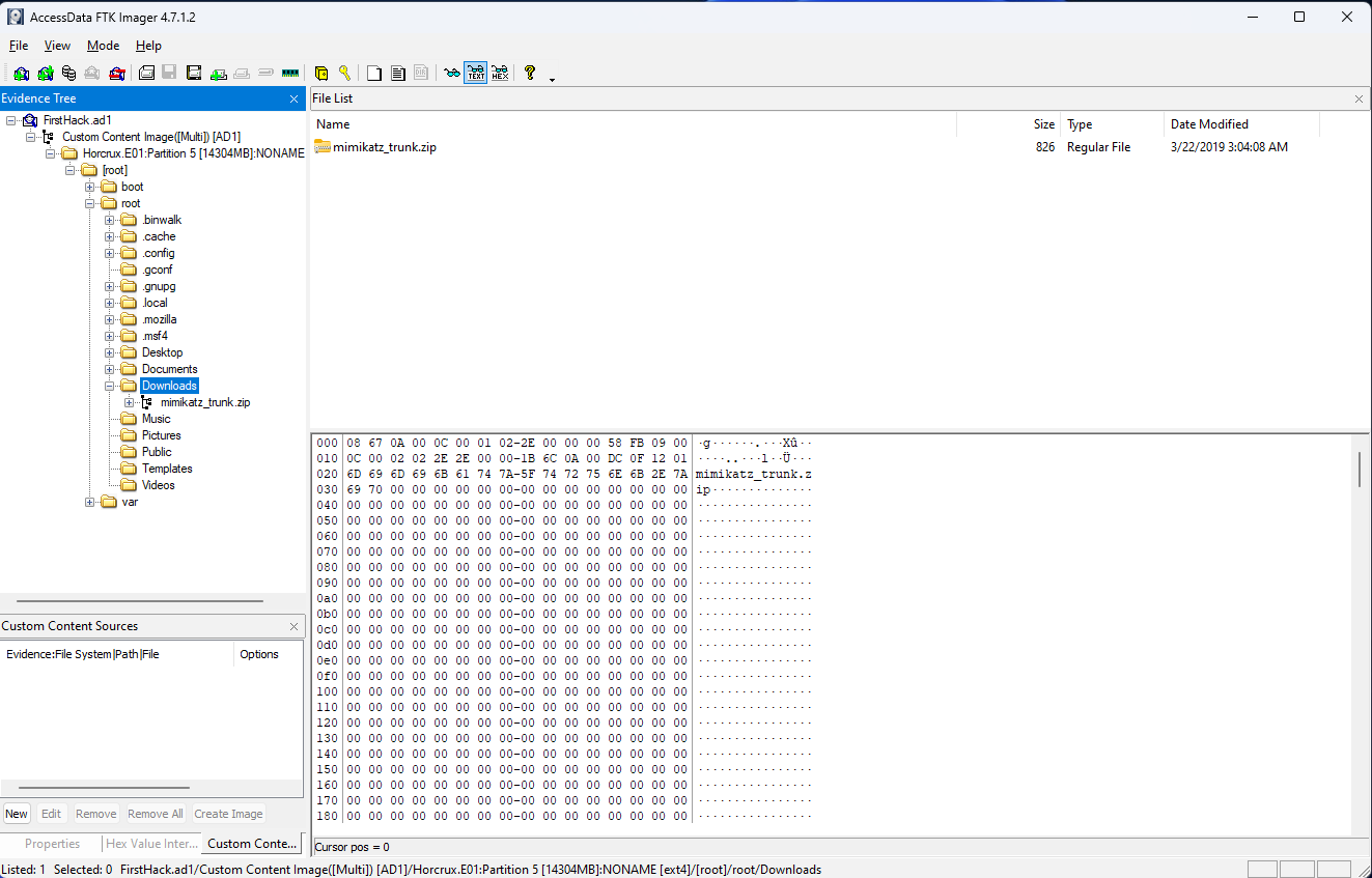 Image of a ZIP file named mimikatz in the Downloads folder