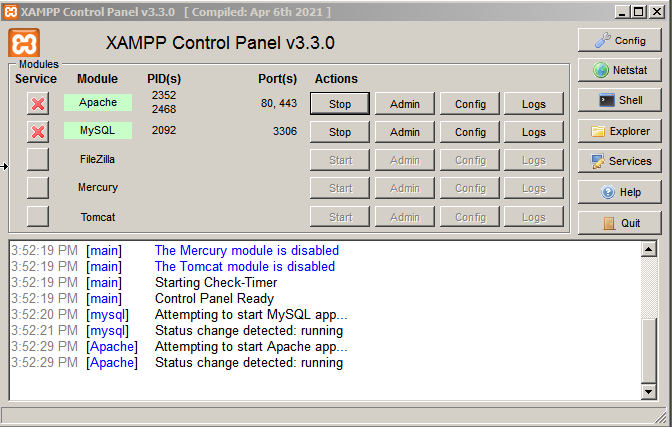 Control panel showing Apache and MySQL running