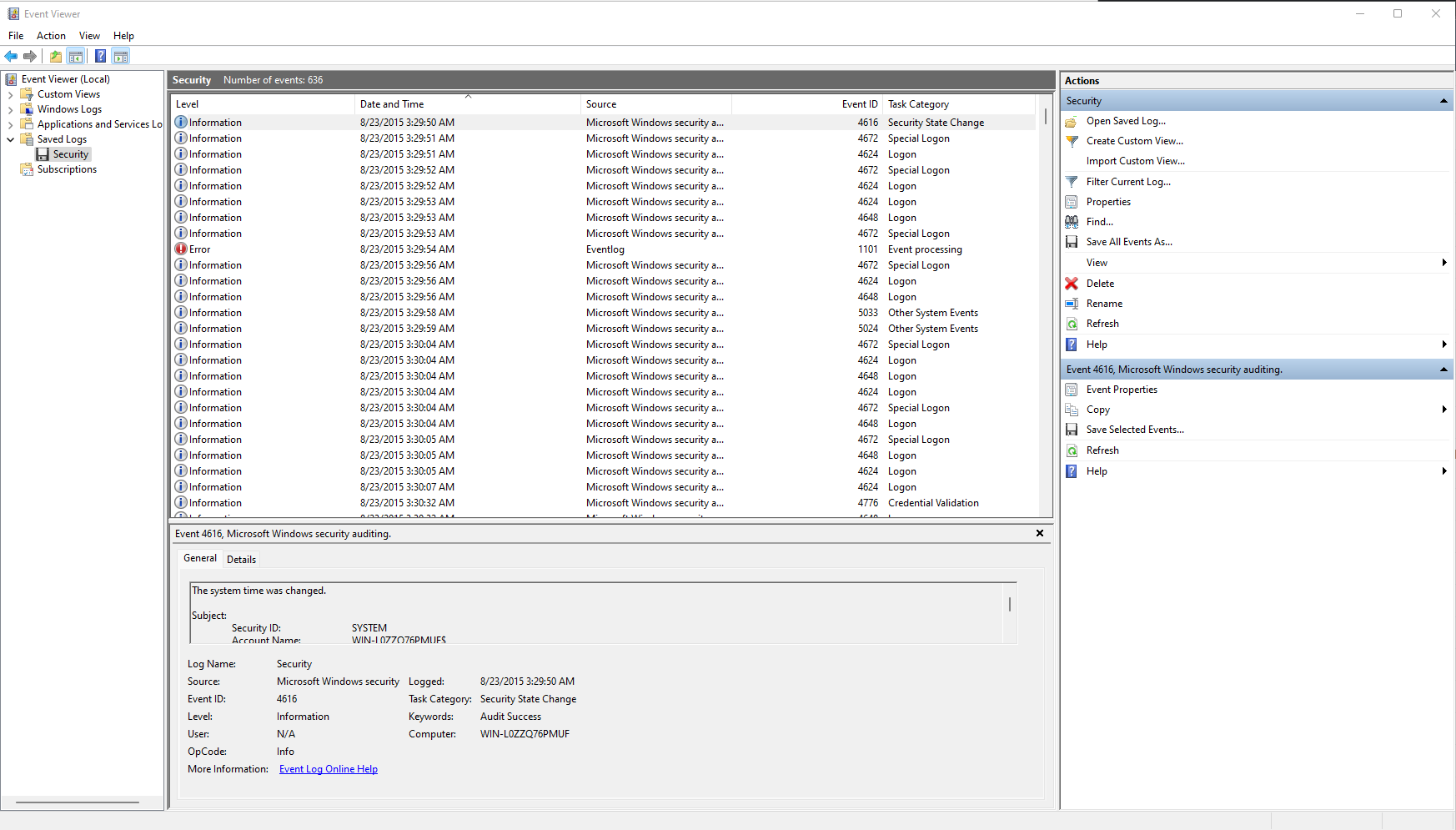 Image of the Security Event Log loaded in Event Viewer
